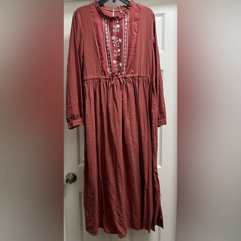 Rust Red Embroidered Boho Dress